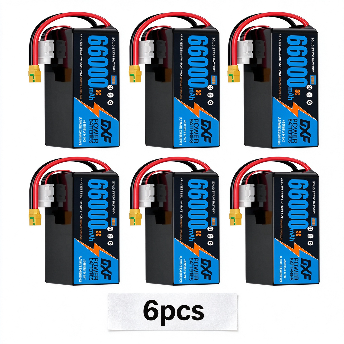 DXF SEMI-SOLID 12S 44.4V 66000mAh 5C Soft Case LiPo Battery with 8AWG Wire for Toy Cars, Boats, UAVs & Drones (1-6 Pack)