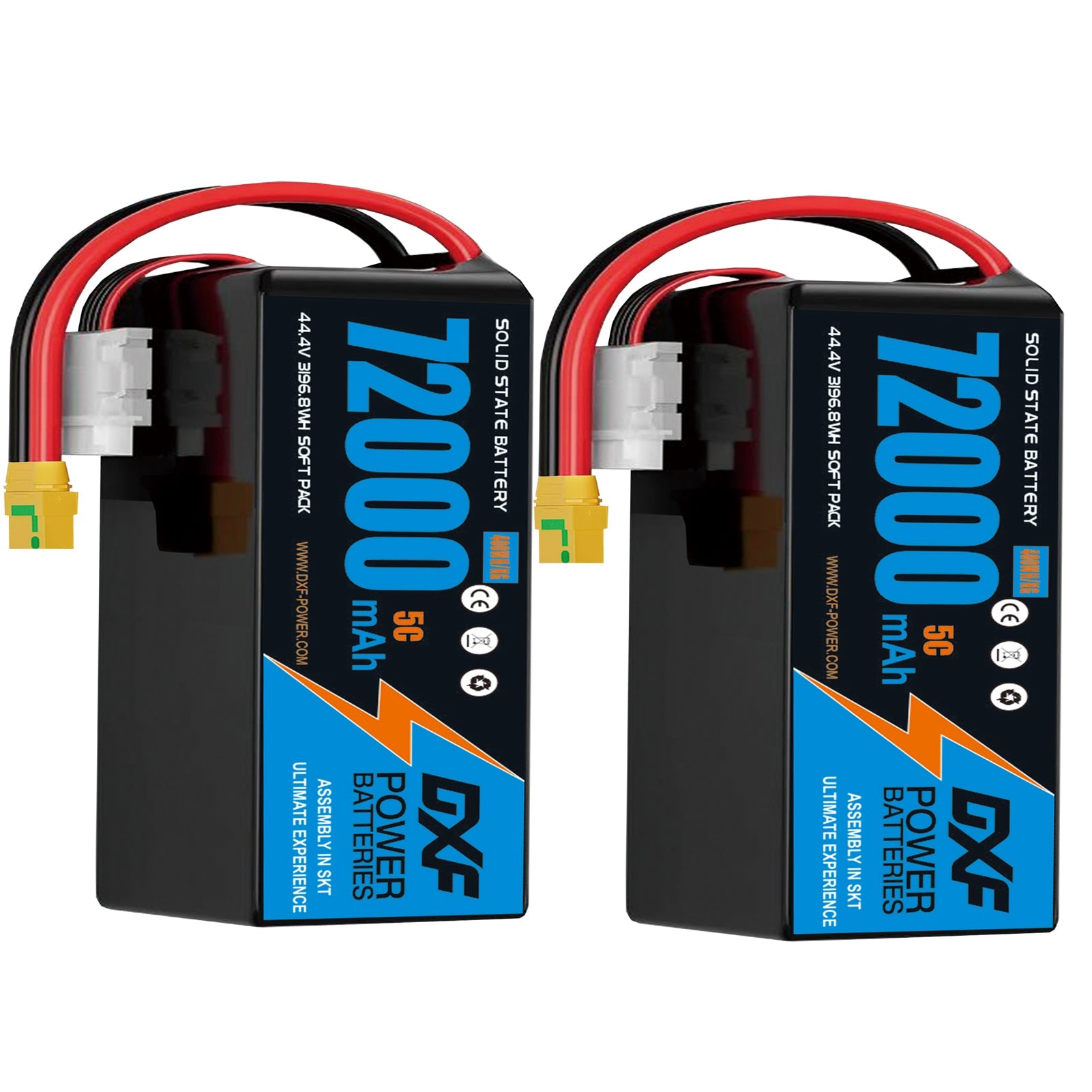 DXF 12S 44.4V 72000mAh 5C Soft Case LiPo Battery with 8AWG Wire for Toy Cars, Boats, UAVs & Drones (1-6 Pack)