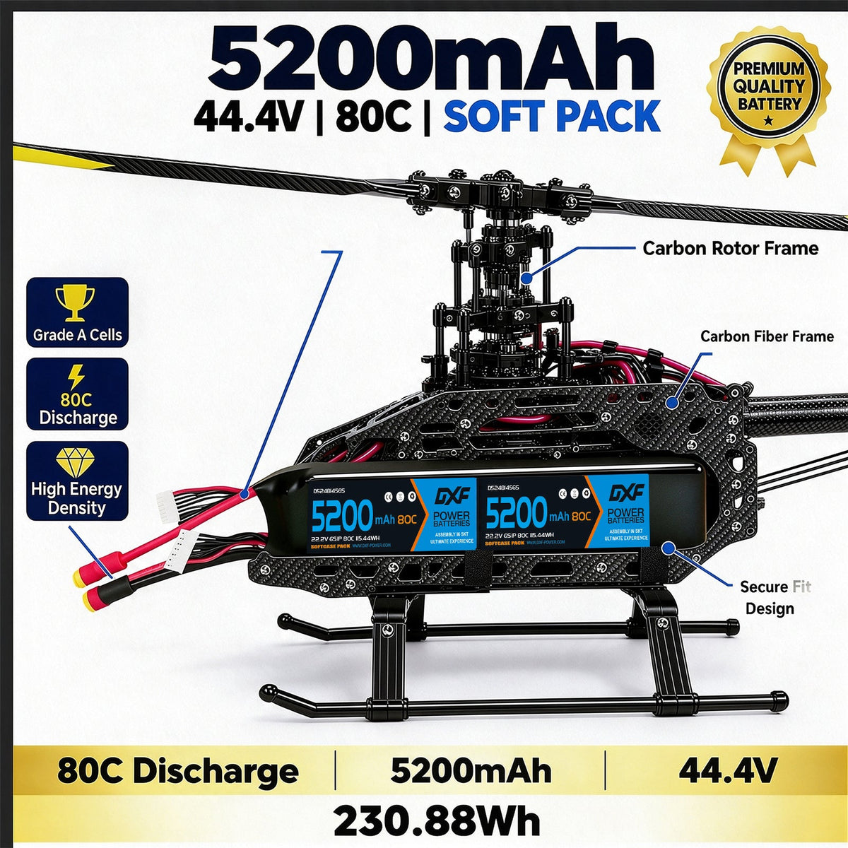 DXF LiPo Battery 12S 44.4V 5200mAh 80C Graphene Softcase Blue with EC5 / T / TRX / XT60 / XT90 / XT150 / Q8s Plug for RC 1/8 1/10 Buggy Truck Car Off-Road Drone