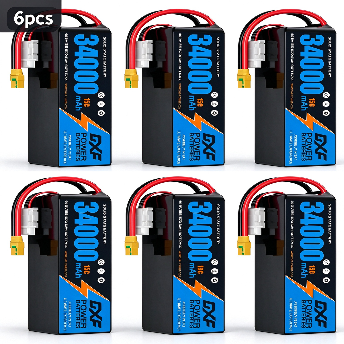 DXF SEMI-SOLID 12S 46.2V 34000mAh 15C Soft Case LiPo Battery with 8AWG Wire for Toy Cars, Boats, UAVs & Drones (1-6 Pack)