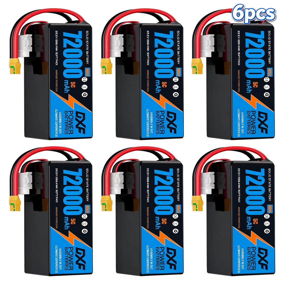 DXF 6S 22.2V 72000mAh 5C Soft Case LiPo Battery with 8AWG Wire for Toy Cars, Boats, UAVs & Drones (1-6 Pack)