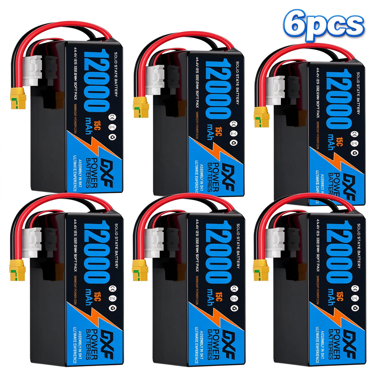 DXF SEMI-SOLID 12S 44.4V 12000mAh 15C Soft Case LiPo Battery with 8AWG Wire for Toy Cars, Boats, UAVs & Drones (1-6 Pack)