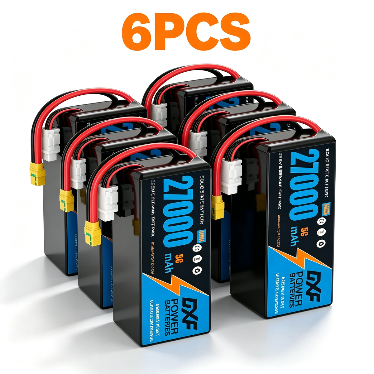 DXF 6S 22.2V 27000mAh 5C Soft Case LiPo Battery with 8AWG Wire for Toy Cars, Boats, UAVs & Drones (1-6 Pack)