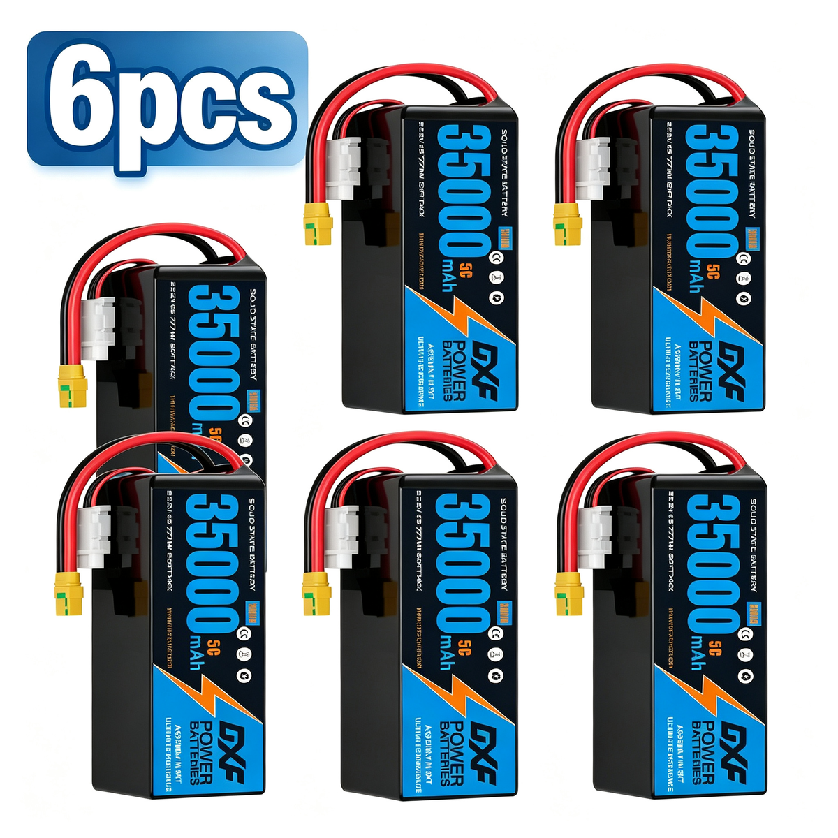 DXF 6S 22.2V 35000mAh 5C Soft Case LiPo Battery with 8AWG Wire for Toy Cars, Boats, UAVs & Drones (1-6 Pack)