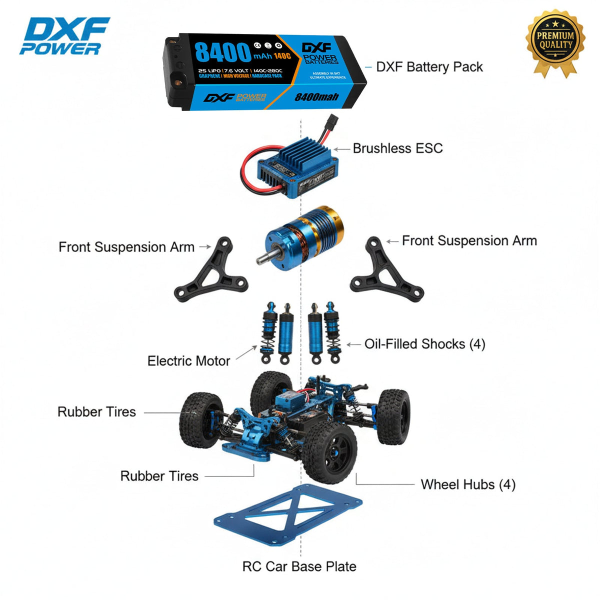DXF BLUE 2S HV 7.6V 8400mAh 140C Graphene Slim Hardcase LiPo with 5mm to Deans/T-Plug & 10AWG Wire (1-6 Pack)