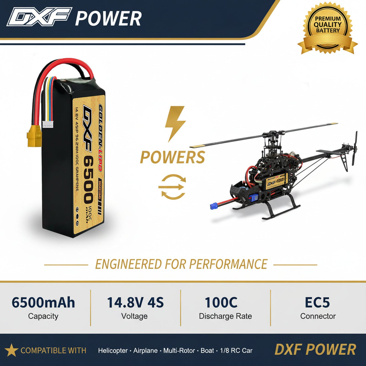 DXF Lipo Battery 4S 14.8V 6500mAh 100C Graphene Softcase with EC5 / T / TRX / XT60 / XT90 / XT150 / Q8s Plug for RC 1/8 1/10 Buggy Truck Car Off-Road Drone