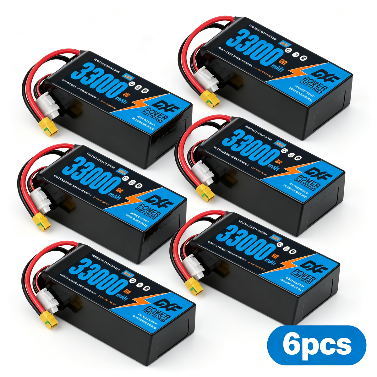 DXF 6S 22.2V 33000mAh 5C Soft Case LiPo Battery with 8AWG Wire for Toy Cars, Boats, UAVs & Drones (1-6 Pack)