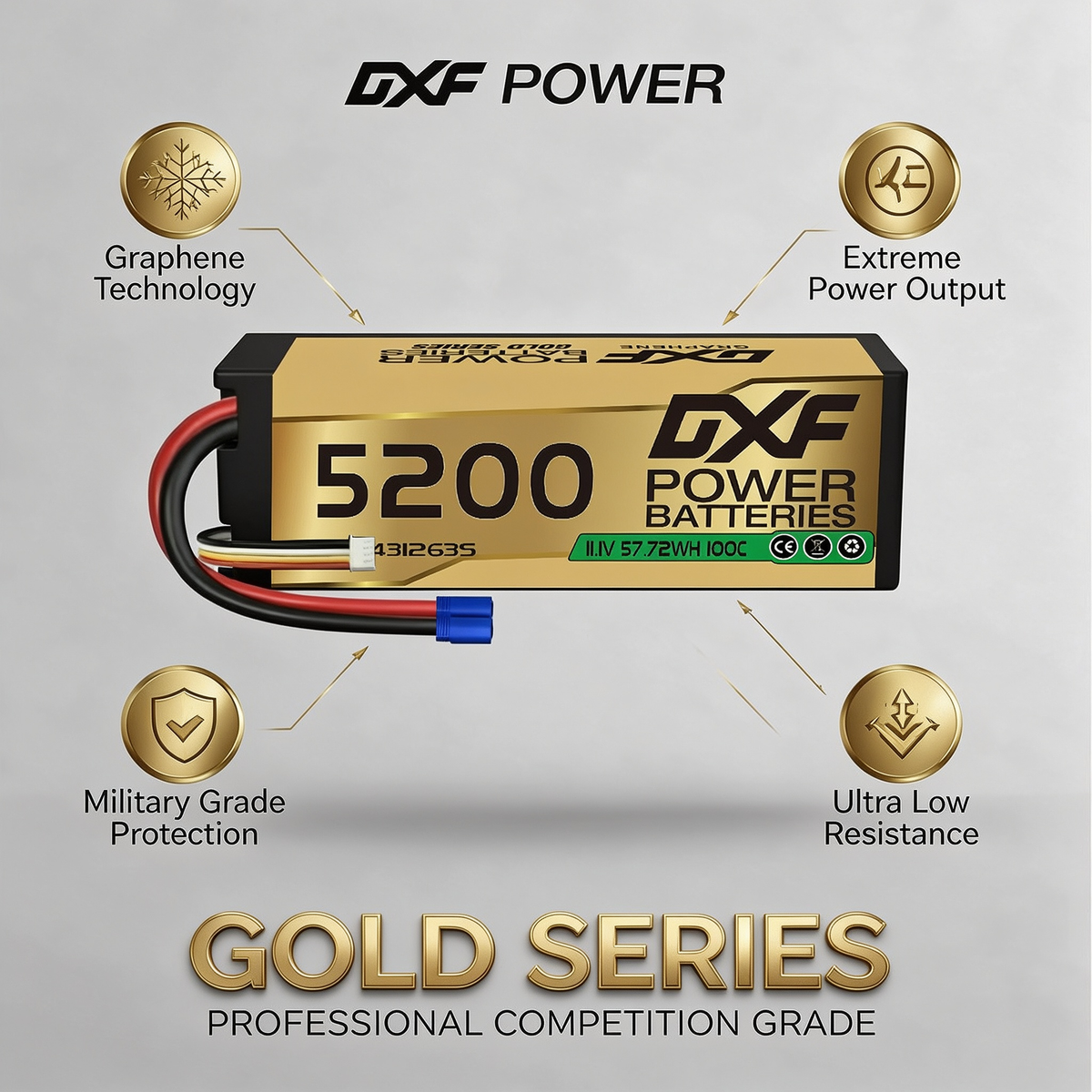 DXF GOLD Series 3S 11.1V 5200mAh 100C Graphene Hardcase LiPo Battery with EC5 Plug for 1/8 1/10 RC Car Truck (1-6 Pack)