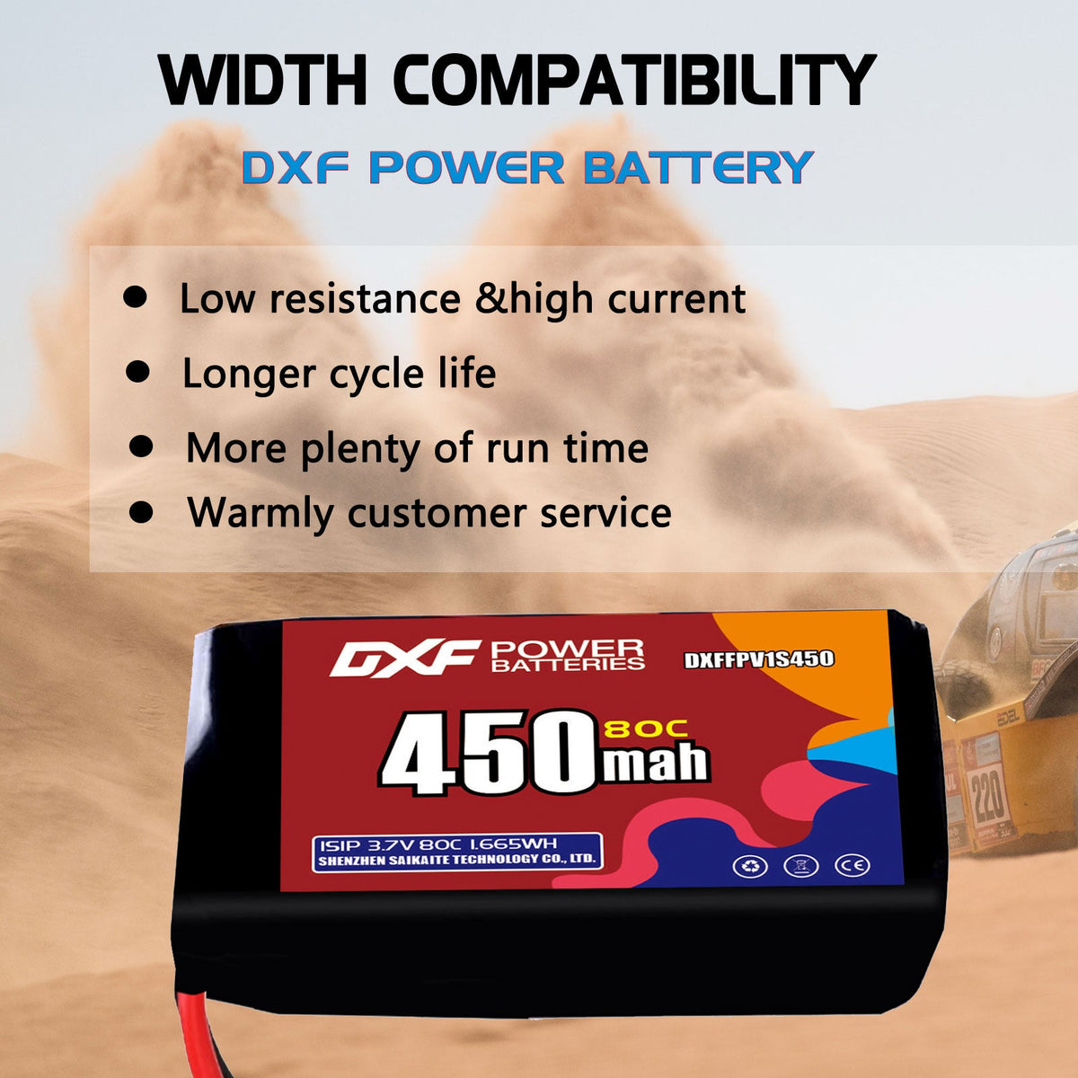 DXF 1S 3.7V 450mAh 80C LiPo Battery for FPV Micro Drones (PH2.0 / JST / XT30 / SM / XT60 / EC5 / XT90 Options)