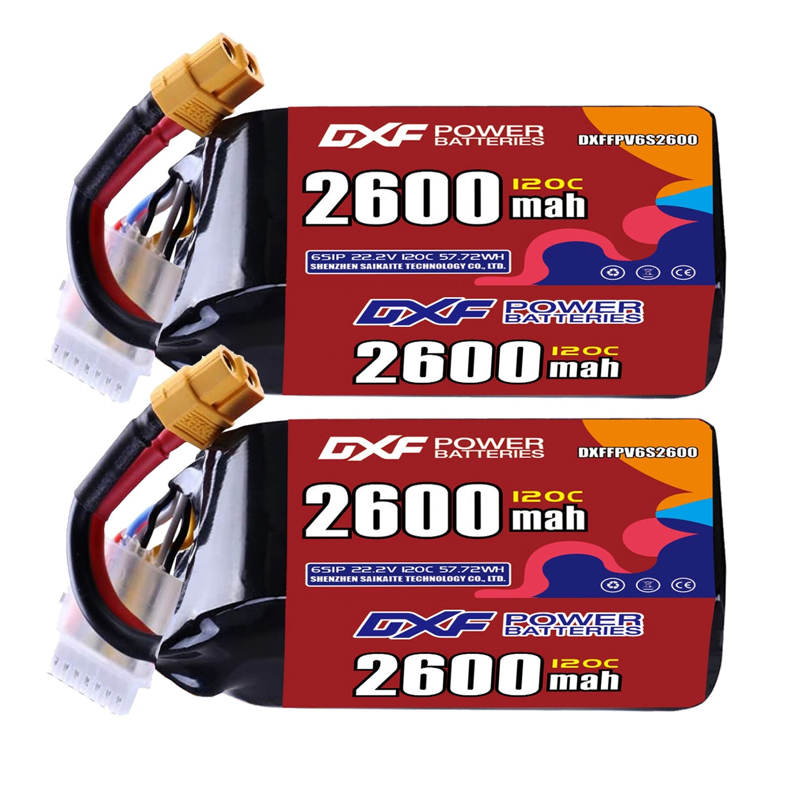 DXF 6S 22.2V 2600mAh 120C LiPo Battery for FPV Micro Drones (PH2.0 / JST / XT30 / SM / XT60 / EC5 / XT90 Options)