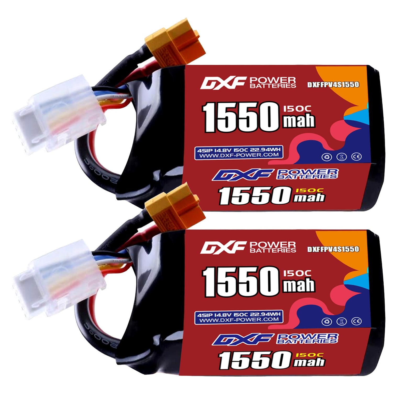 DXF 4S 14.8V 1550mAh 150C LiPo Battery for FPV Micro Drones (PH2.0 / JST / XT30 / SM / XT60 / EC5 / XT90 Options)