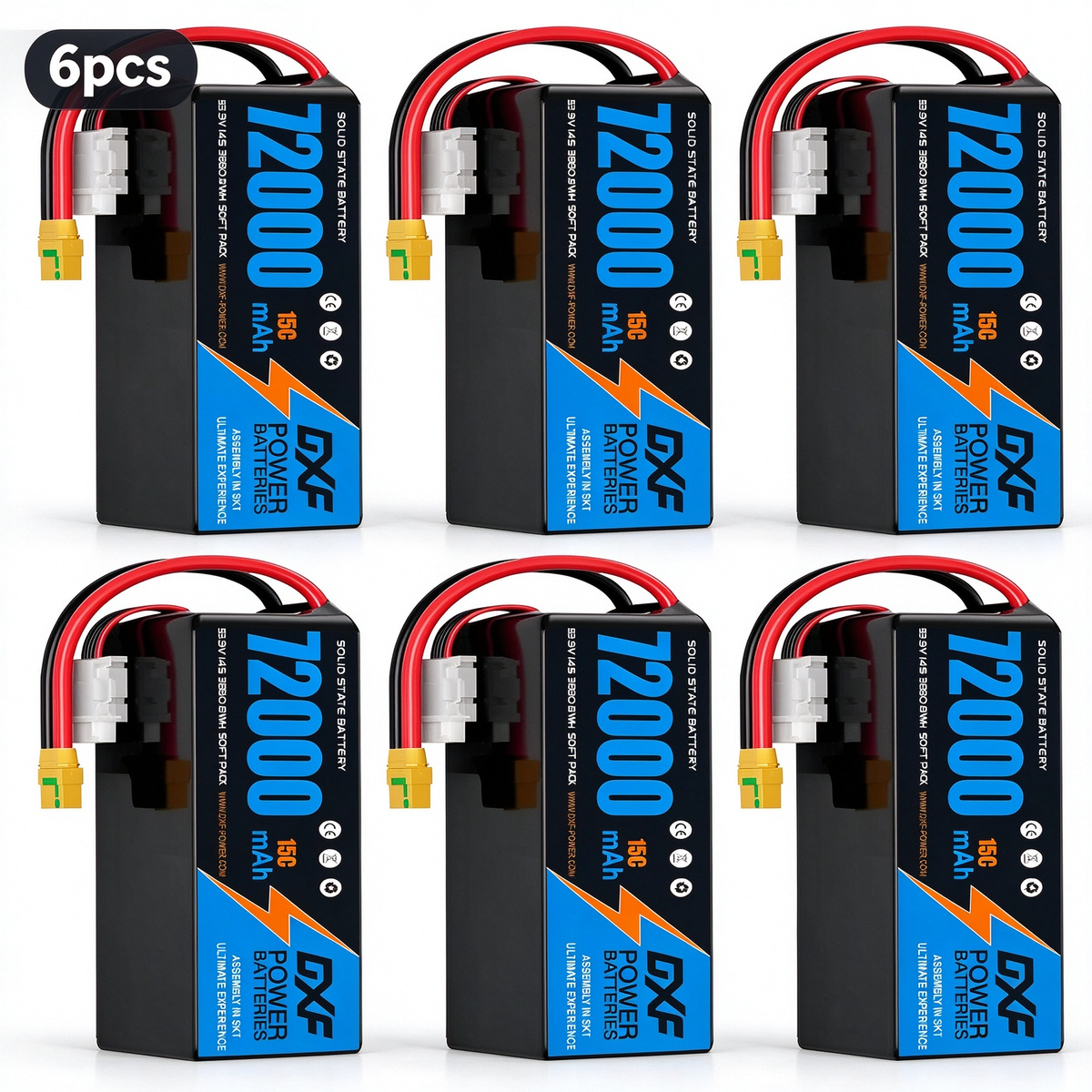 DXF SEMI-SOLID 14S 53.9V 72000mAh 15C Soft Case LiPo Battery with 8AWG Wire for Toy Cars, Boats, UAVs & Drones (1-6 Pack)
