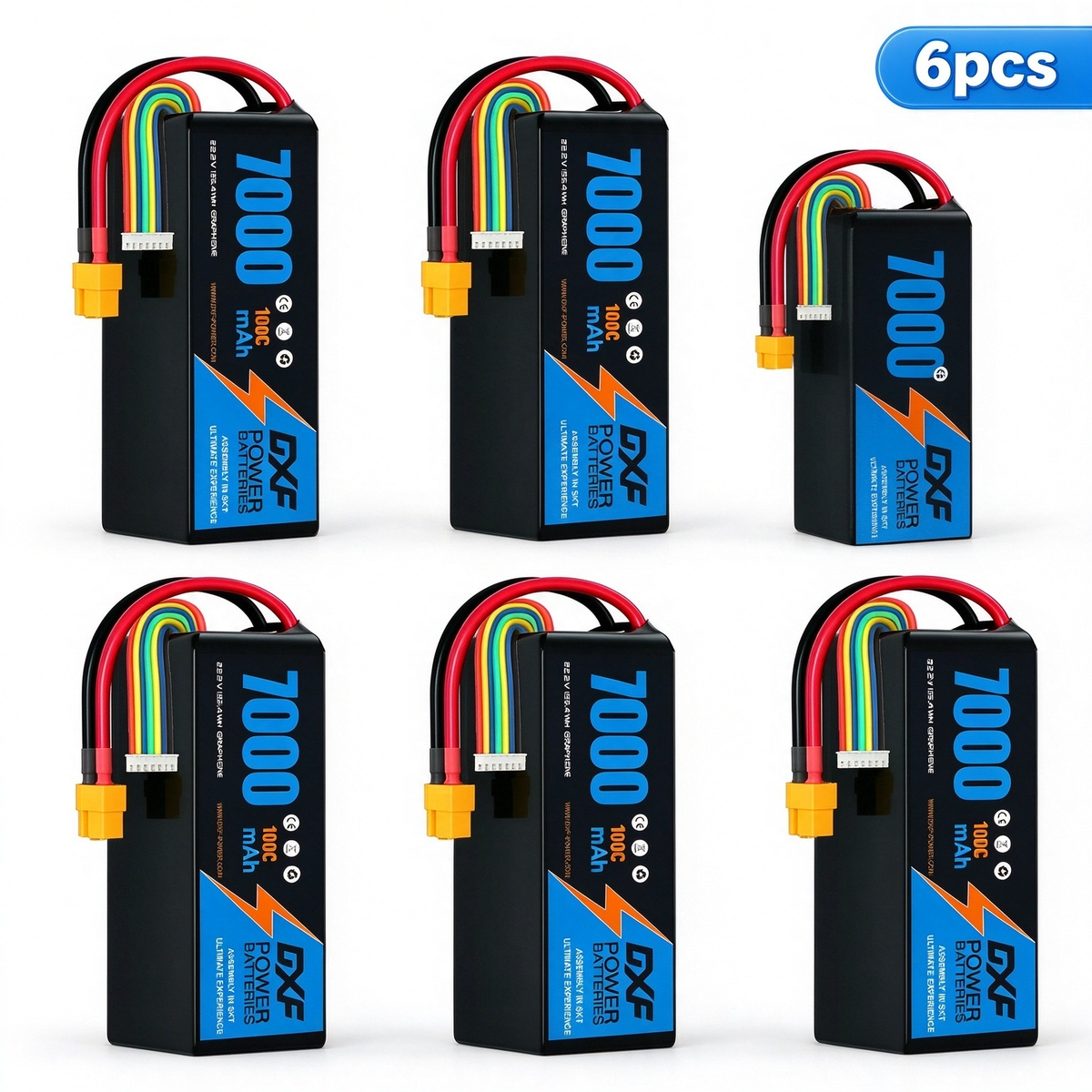 DXF 6S 22.2V 7000mAh 100C Softcase LiPo Battery with XT60 & 10AWG Wire for 1/8 RC Cars (1-6 Pack)
