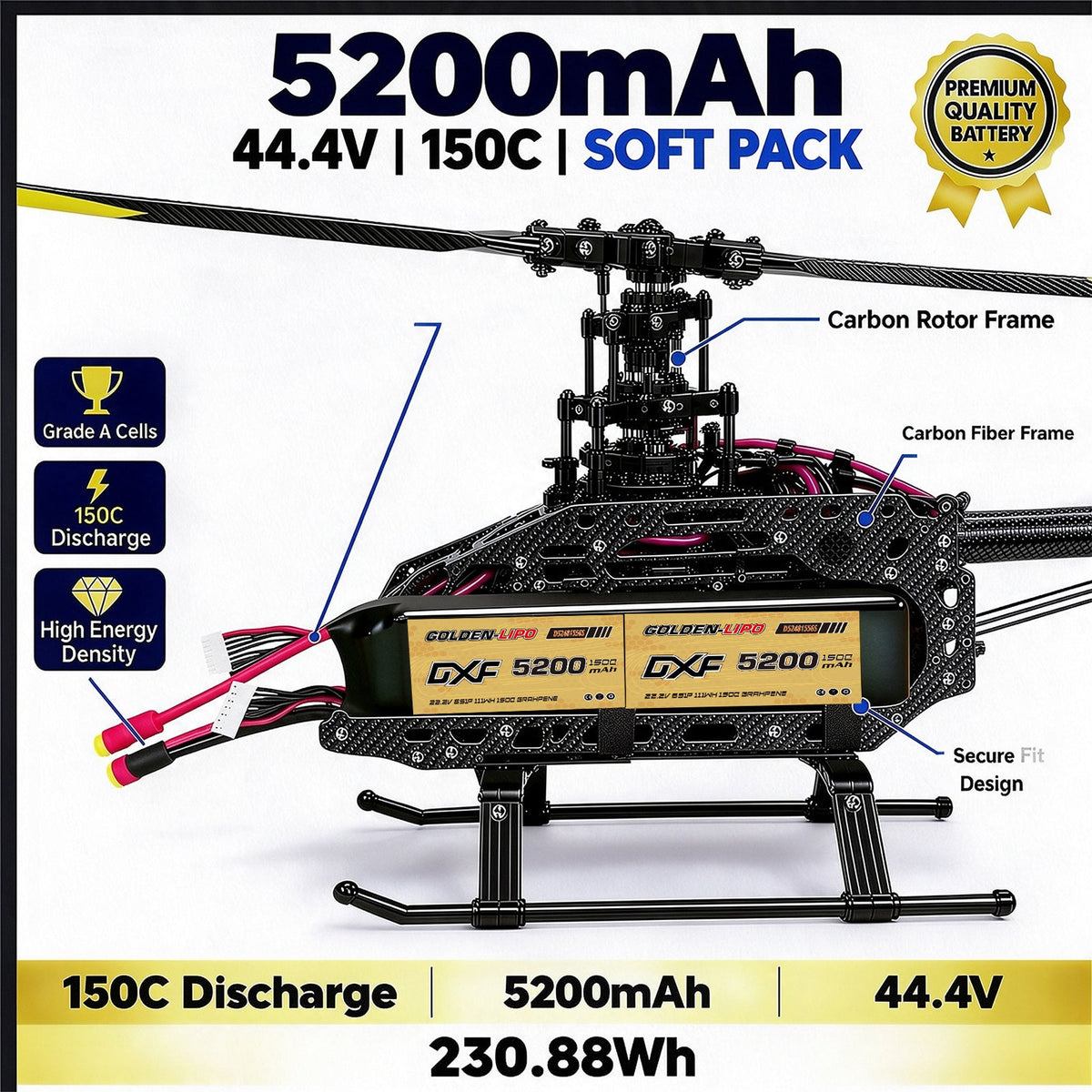DXF Lipo Battery 12S 44.4V 5200mAh 150C GoldSeries Graphene Softcase with EC5 / T / TRX / XT60 / XT90 / XT150 / Q8s Plug for RC 1/8 1/10 Buggy Truck Car Off-Road Drone