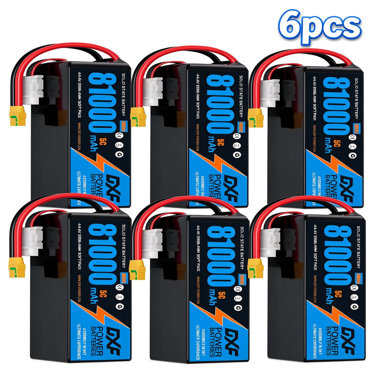 DXF 12S 44.4V 81000mAh 5C Soft Case LiPo Battery with 8AWG Wire for Toy Cars, Boats, UAVs & Drones (1-6 Pack)