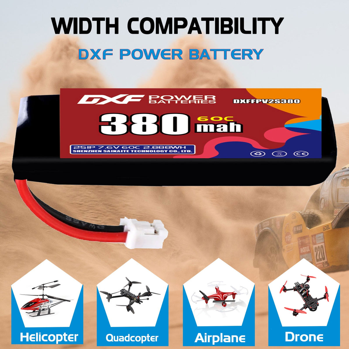DXF LiPo Battery 2S HV 7.6V 380mAh 60C with PH2.0 / JST / XT30 / SM / XT60 / EC5 / XT90 for FPV Drone Whoop Micro Racing
