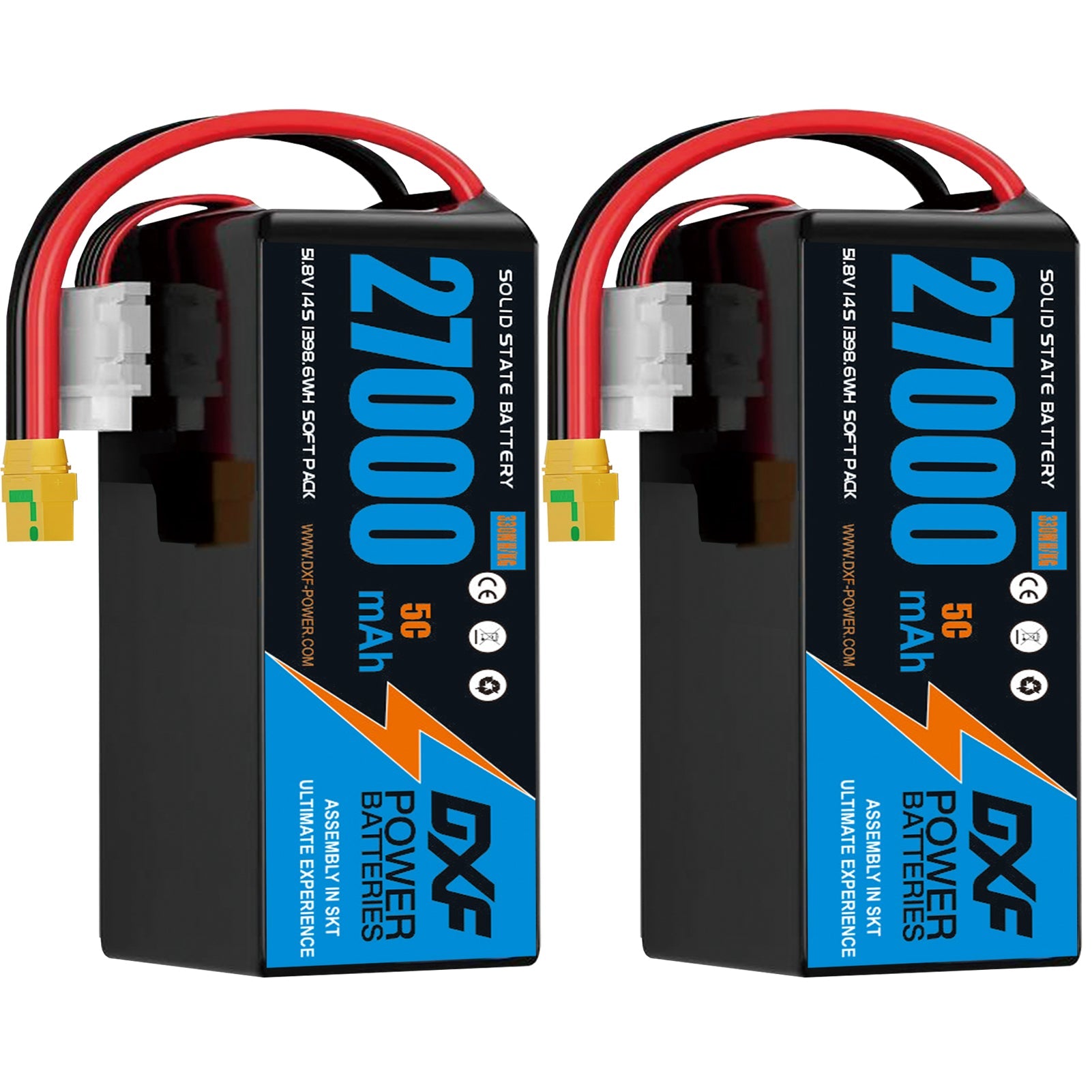 DXF SEMI-SOLID 14S 51.8V 27000mAh 5C Soft Case LiPo Battery with 8AWG Wire for Toy Cars, Boats, UAVs & Drones (1-6 Pack)