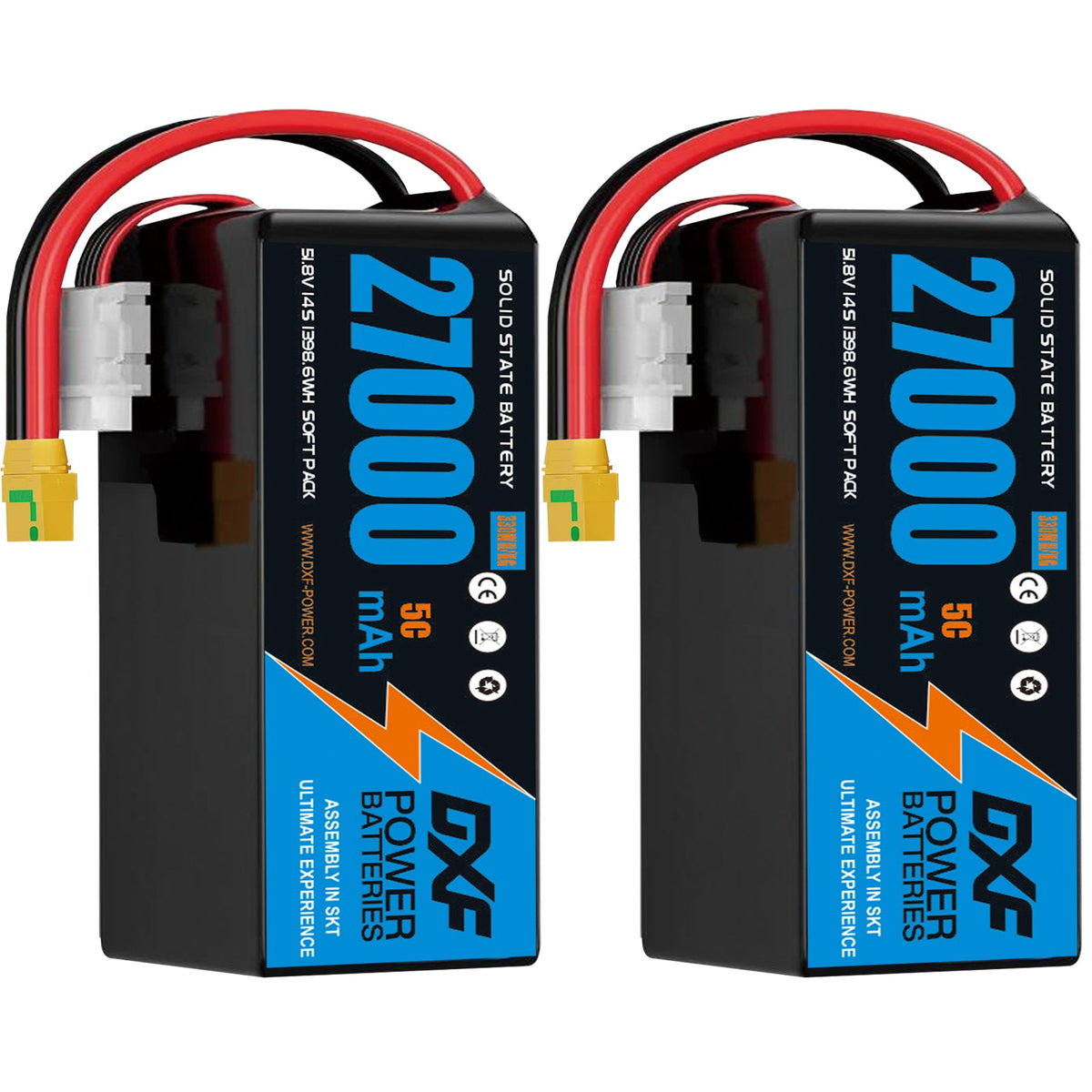 DXF SEMI-SOLID 14S 51.8V 27000mAh 5C Soft Case LiPo Battery with 8AWG Wire for Toy Cars, Boats, UAVs & Drones (1-6 Pack)
