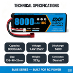 DXF 2S 7.4V 8000mAh 140C Graphene LiPo Hardcase Battery with 10AWG Deans T-Plug for 1/8 1/10 RC Car Truck Boat Drone (1-6 Pack Available)