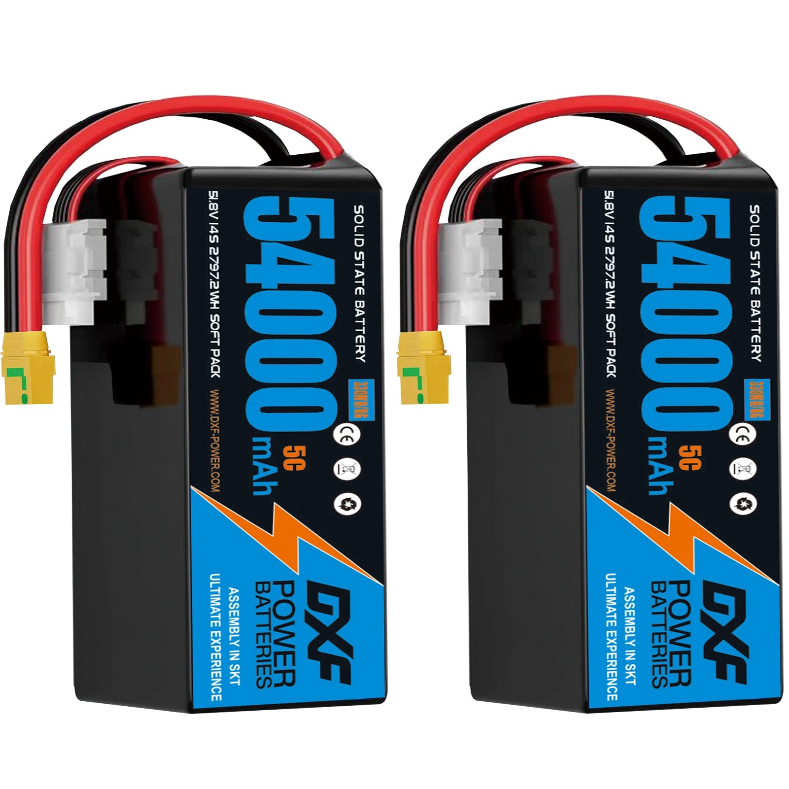 DXF SEMI-SOLID 14S 51.8V 54000mAh 5C Soft Case LiPo Battery with 8AWG Wire for Toy Cars, Boats, UAVs & Drones (1-6 Pack)