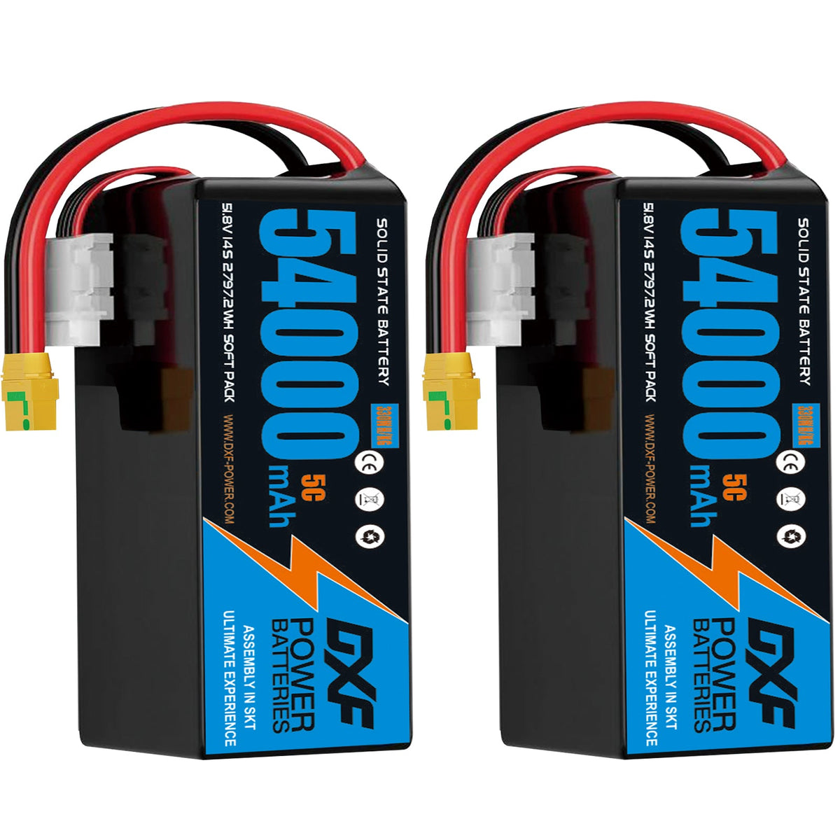 DXF SEMI-SOLID 14S 51.8V 54000mAh 5C Soft Case LiPo Battery with 8AWG Wire for Toy Cars, Boats, UAVs & Drones (1-6 Pack)