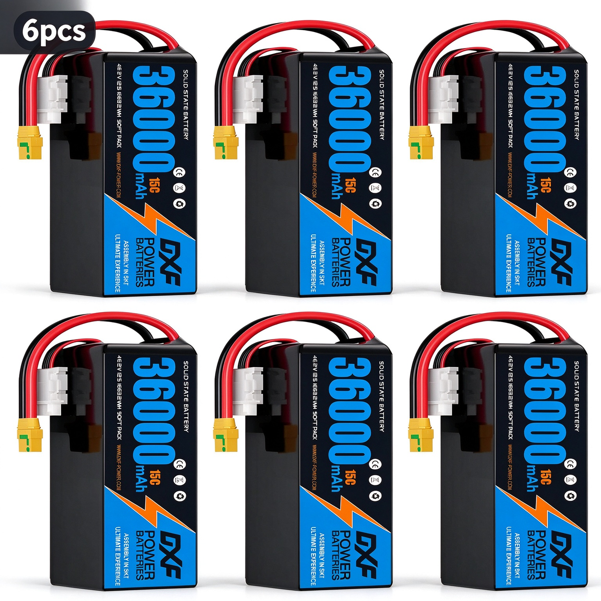 DXF SEMI-SOLID 12S 46.2V 36000mAh 15C Soft Case LiPo Battery with 8AWG Wire for Toy Cars, Boats, UAVs & Drones (1-6 Pack)