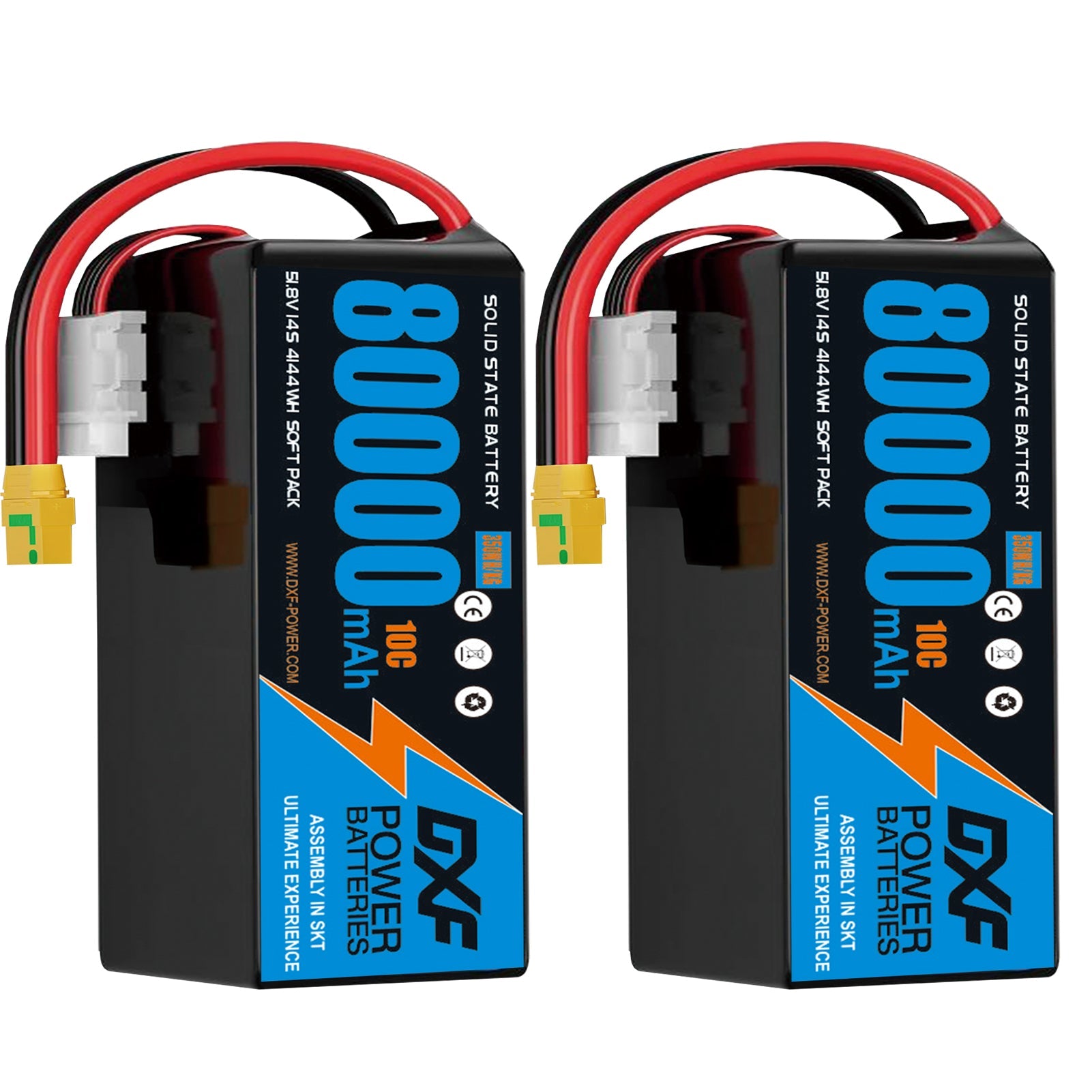 DXF SEMI-SOLID 14S 51.8V 80000mAh 10C Soft Case LiPo Battery with 8AWG Wire for Toy Cars, Boats, UAVs & Drones (1-6 Pack)