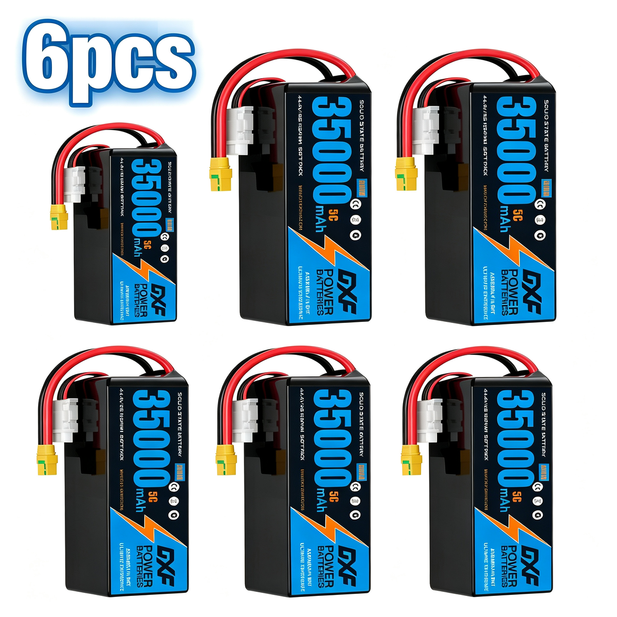 DXF SEMI-SOLID 12S 44.4V 35000mAh 5C Soft Case LiPo Battery with 8AWG Wire for Toy Cars, Boats, UAVs & Drones (1-6 Pack)