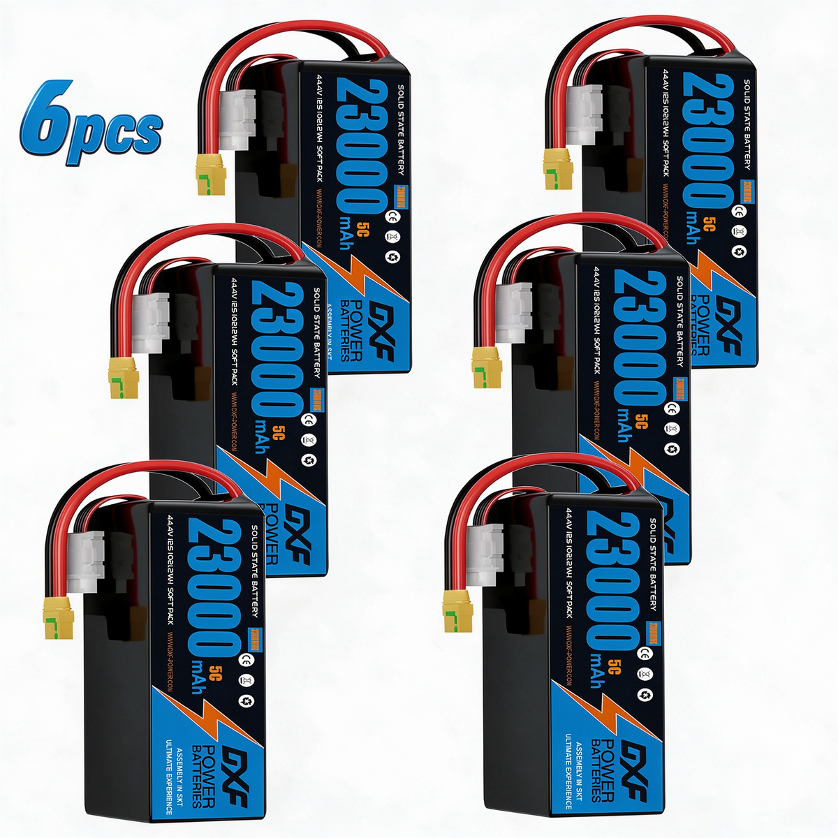 DXF SEMI-SOLID 12S 44.4V 23000mAh 5C Soft Case LiPo Battery with 8AWG Wire for UAVs & Drones (1-6 Pack)