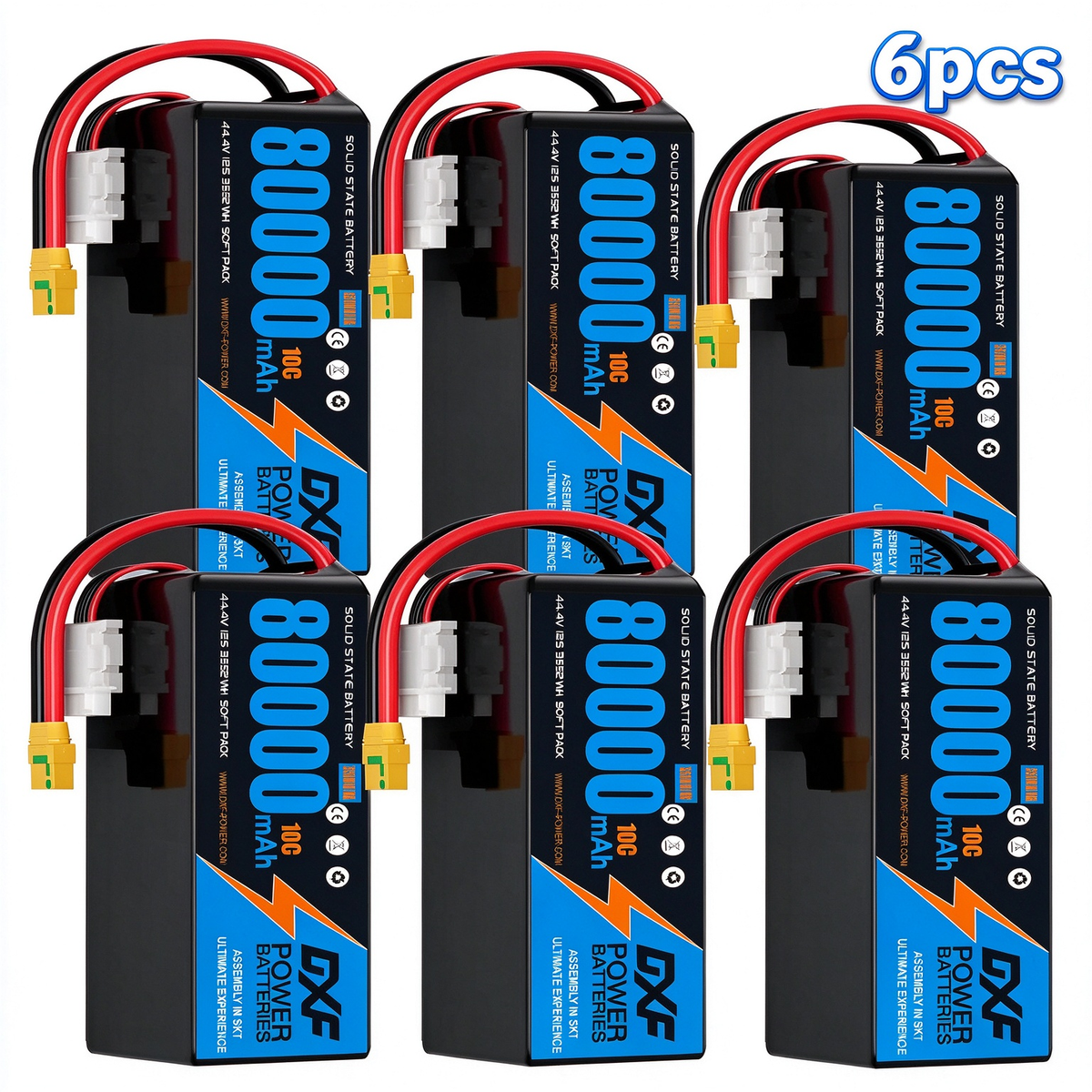 DXF SEMI-SOLID 12S 44.4V 80000mAh 10C Soft Case LiPo Battery with 8AWG Wire for Toy Cars, Boats, UAVs & Drones (1-6 Pack)