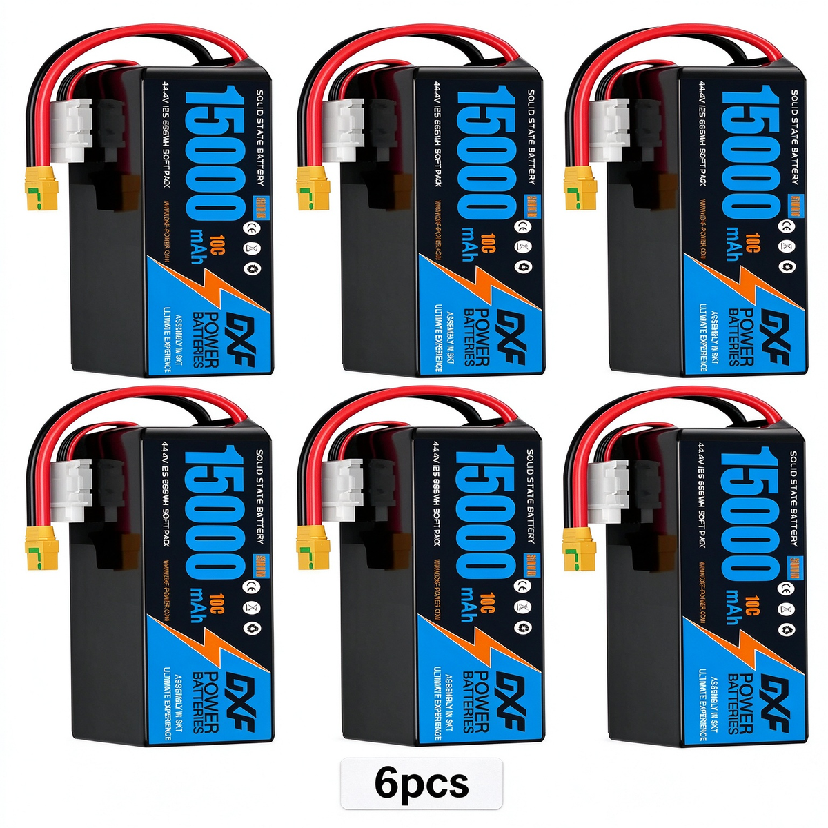 DXF SEMI-SOLID 12S 44.4V 15000mAh 10C Soft Case LiPo Battery with 8AWG Wire for UAVs & Drones (1-6 Pack)
