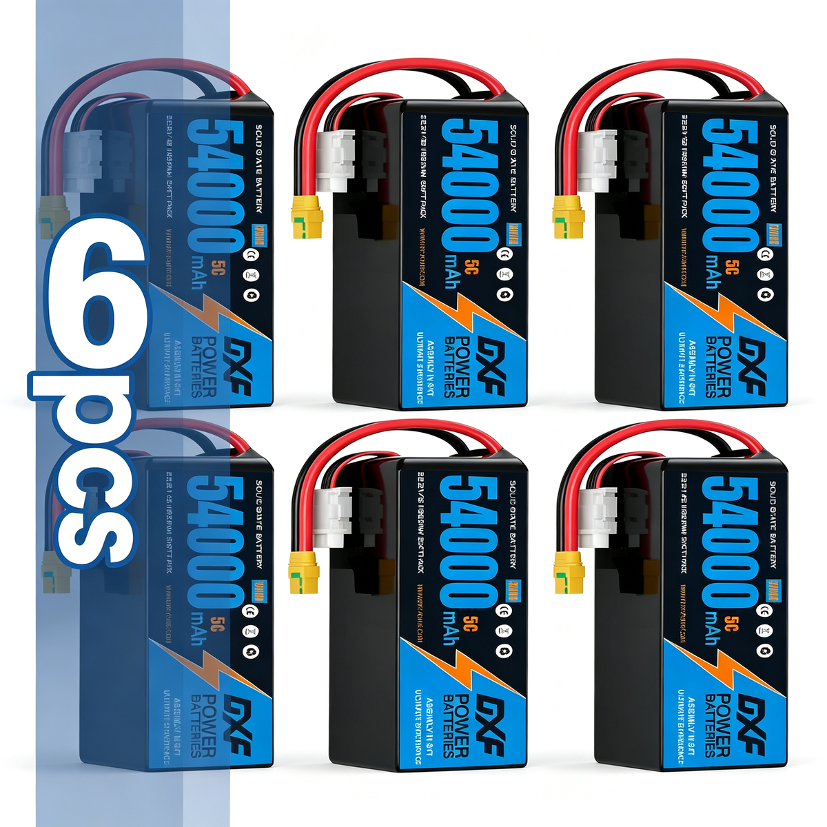 DXF 6S 22.2V 54000mAh 5C Soft Case LiPo Battery with 8AWG Wire for Toy Cars, Boats, UAVs & Drones (1-6 Pack)