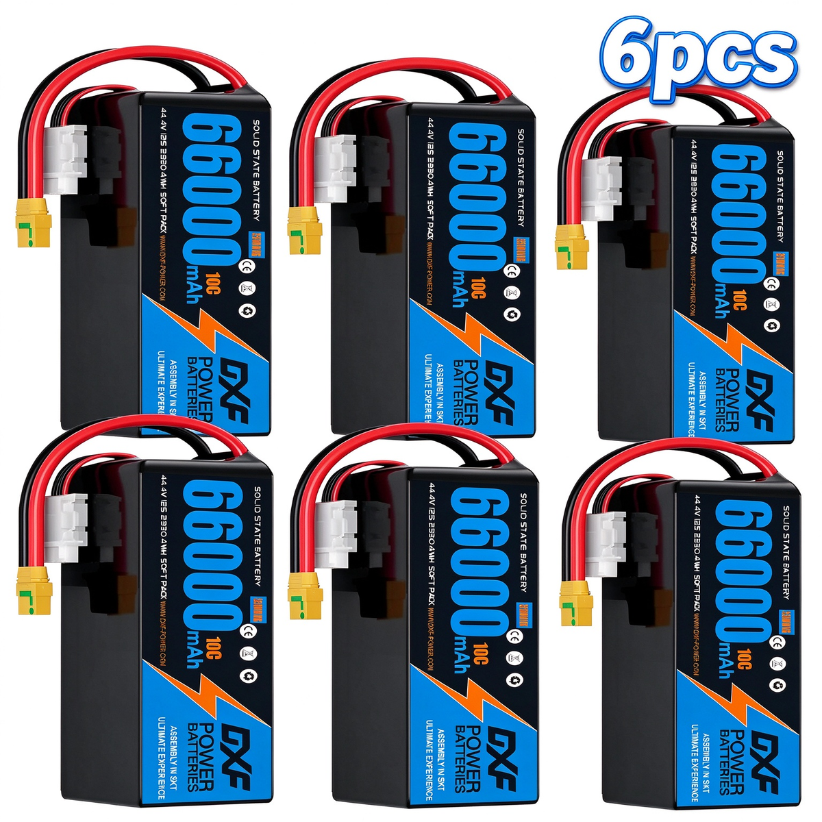 DXF SEMI-SOLID 12S 44.4V 66000mAh 10C Soft Case LiPo Battery with 8AWG Wire for Toy Cars, Boats, UAVs & Drones (1-6 Pack)