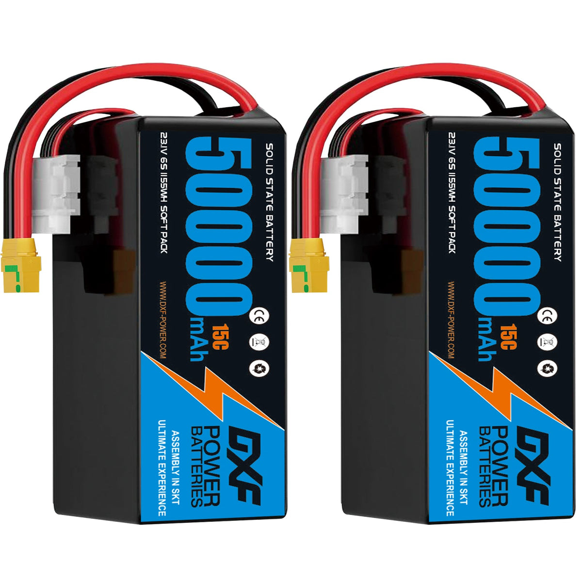 DXF 6S 23.1V 50000mAh 15C Soft Case LiPo Battery with 8AWG Wire for Toy Cars, Boats, UAVs & Drones (1-6 Pack)