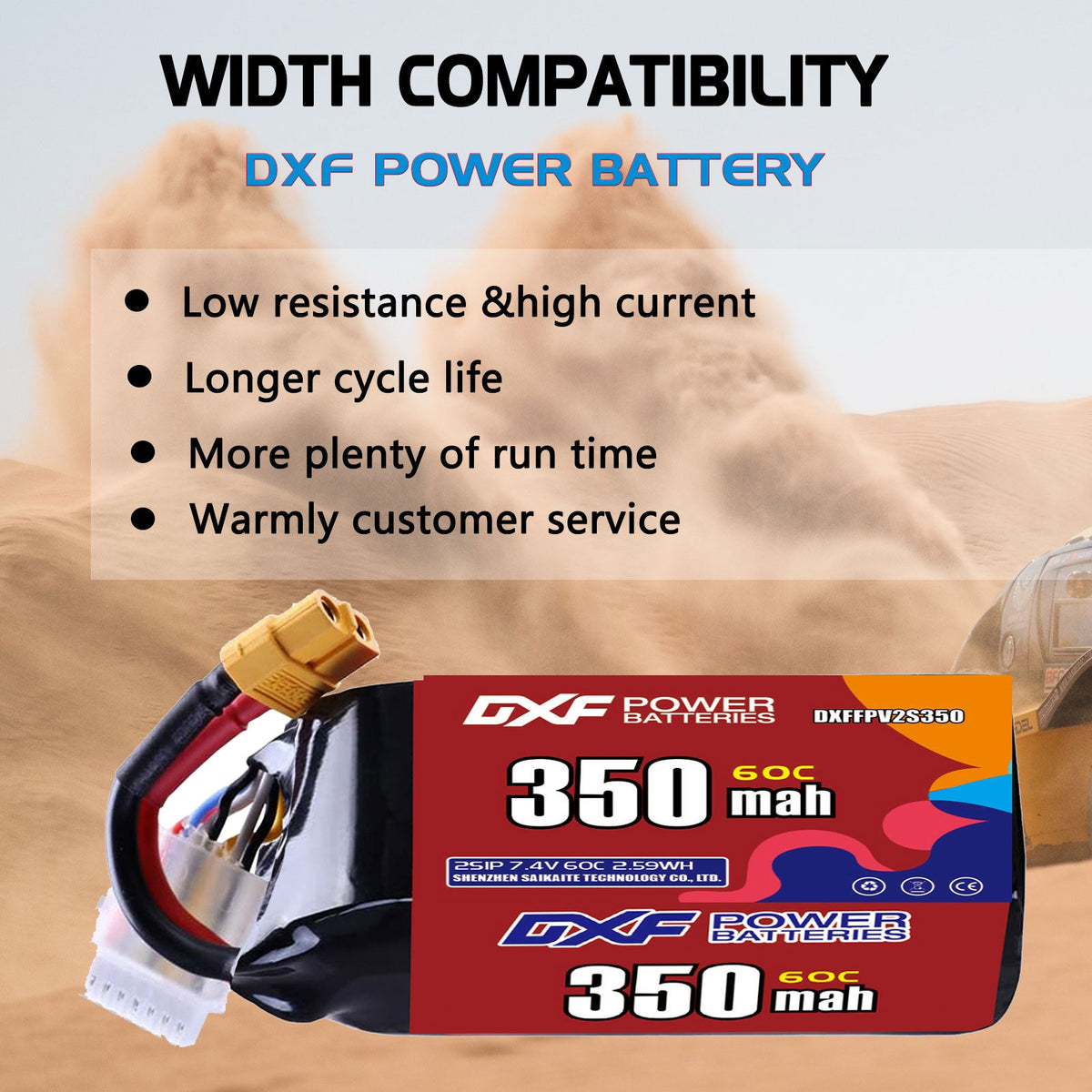 DXF LiPo Battery 2S 7.4V 350mAh 60C with PH2.0 / JST / XT30 / SM / XT60 / EC5 / XT90 for FPV Drone Whoop Micro Racing