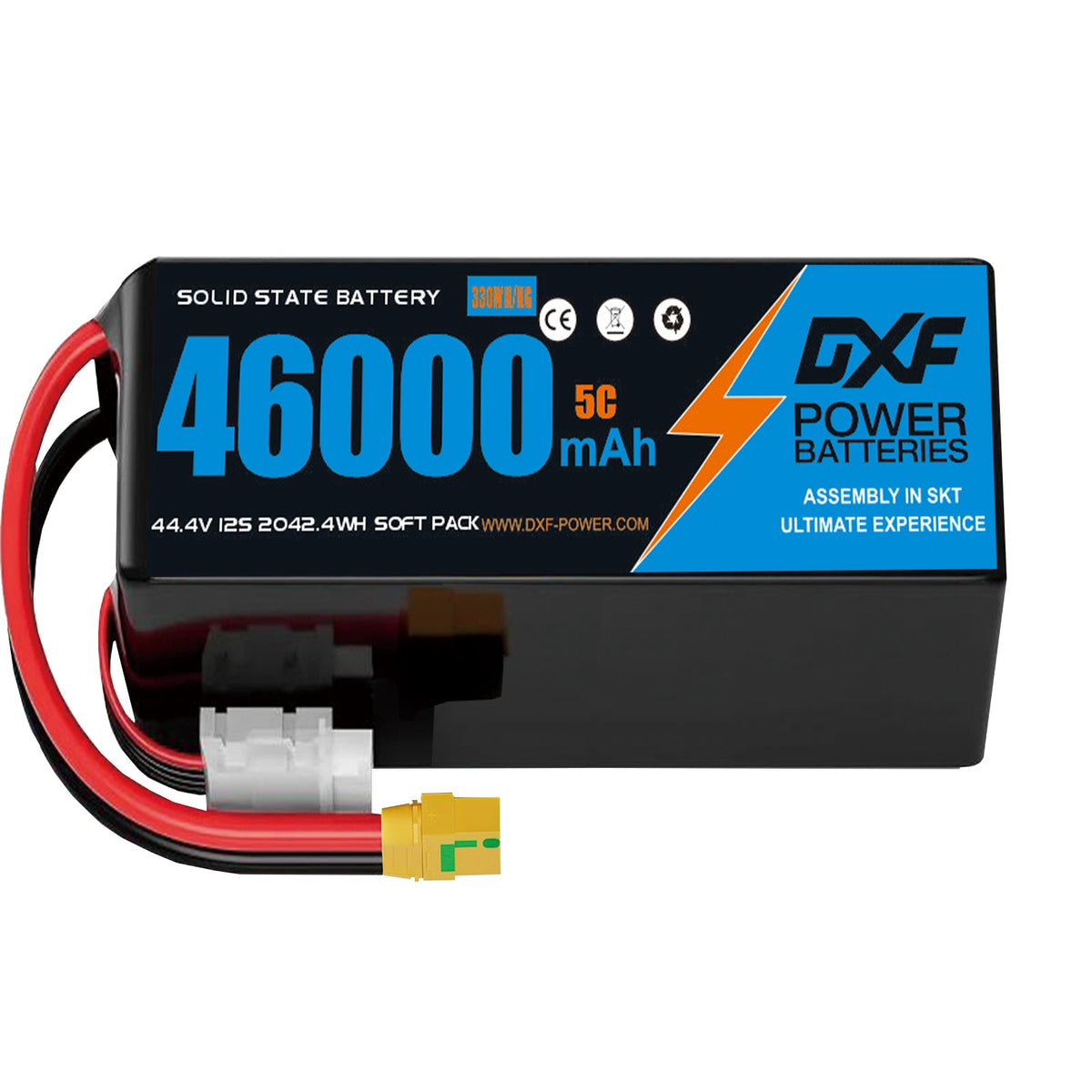 DXF SEMI-SOLID 12S 44.4V 46000mAh 5C Soft Case LiPo Battery with 8AWG Wire for Toy Cars, Boats, UAVs & Drones (1-6 Pack)