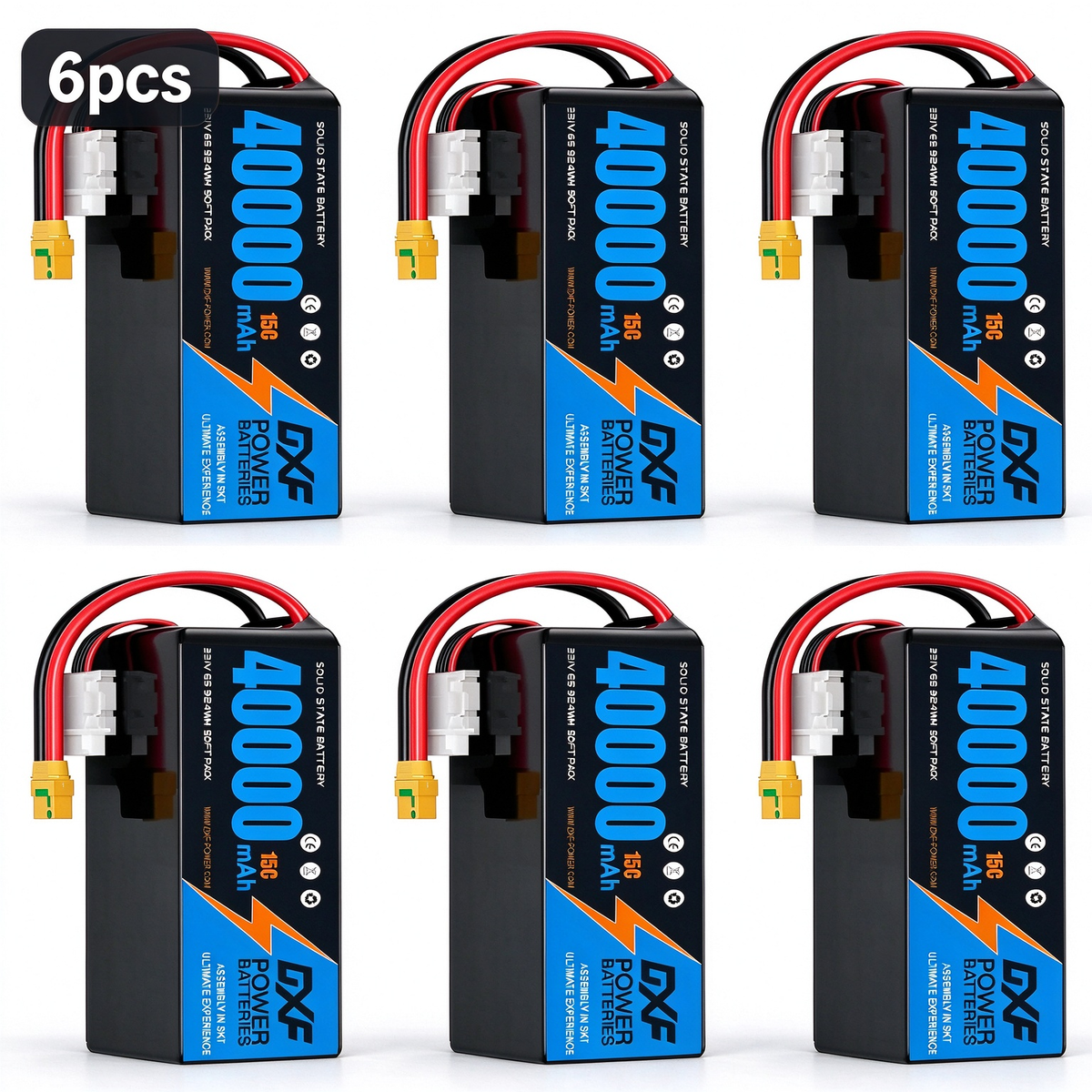 DXF 6S 23.1V 40000mAh 15C Soft Case LiPo Battery with 8AWG Wire for Toy Cars, Boats, UAVs & Drones (1-6 Pack)
