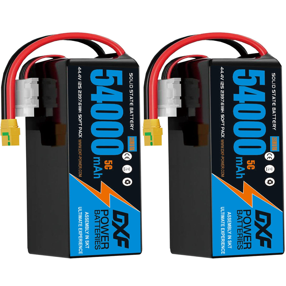 DXF SEMI-SOLID 12S 44.4V 54000mAh 5C Soft Case LiPo Battery with 8AWG Wire for Toy Cars, Boats, UAVs & Drones (1-6 Pack)