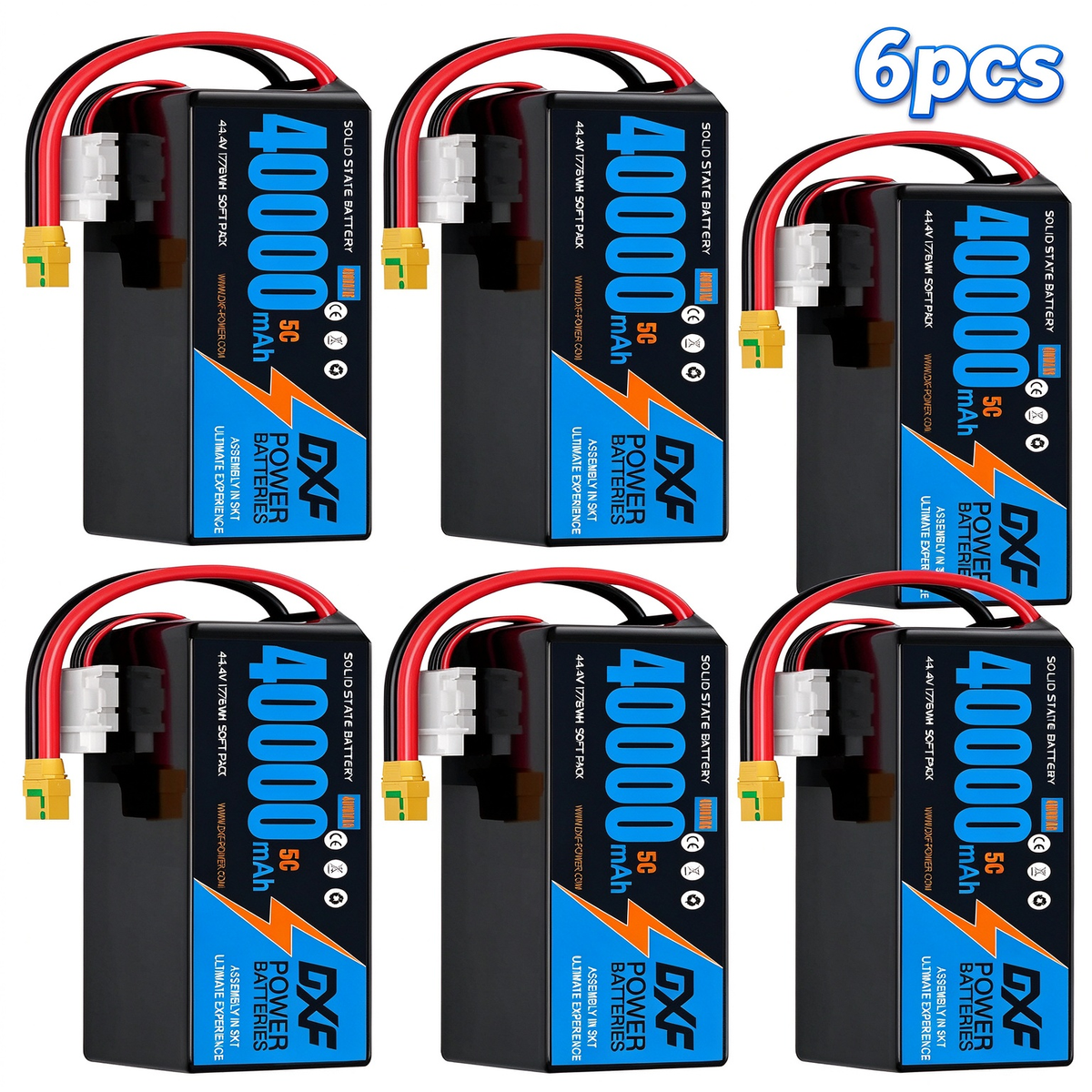 DXF SEMI-SOLID 12S 44.4V 40000mAh 5C Soft Case LiPo Battery with 8AWG Wire for Toy Cars, Boats, UAVs & Drones (1-6 Pack)