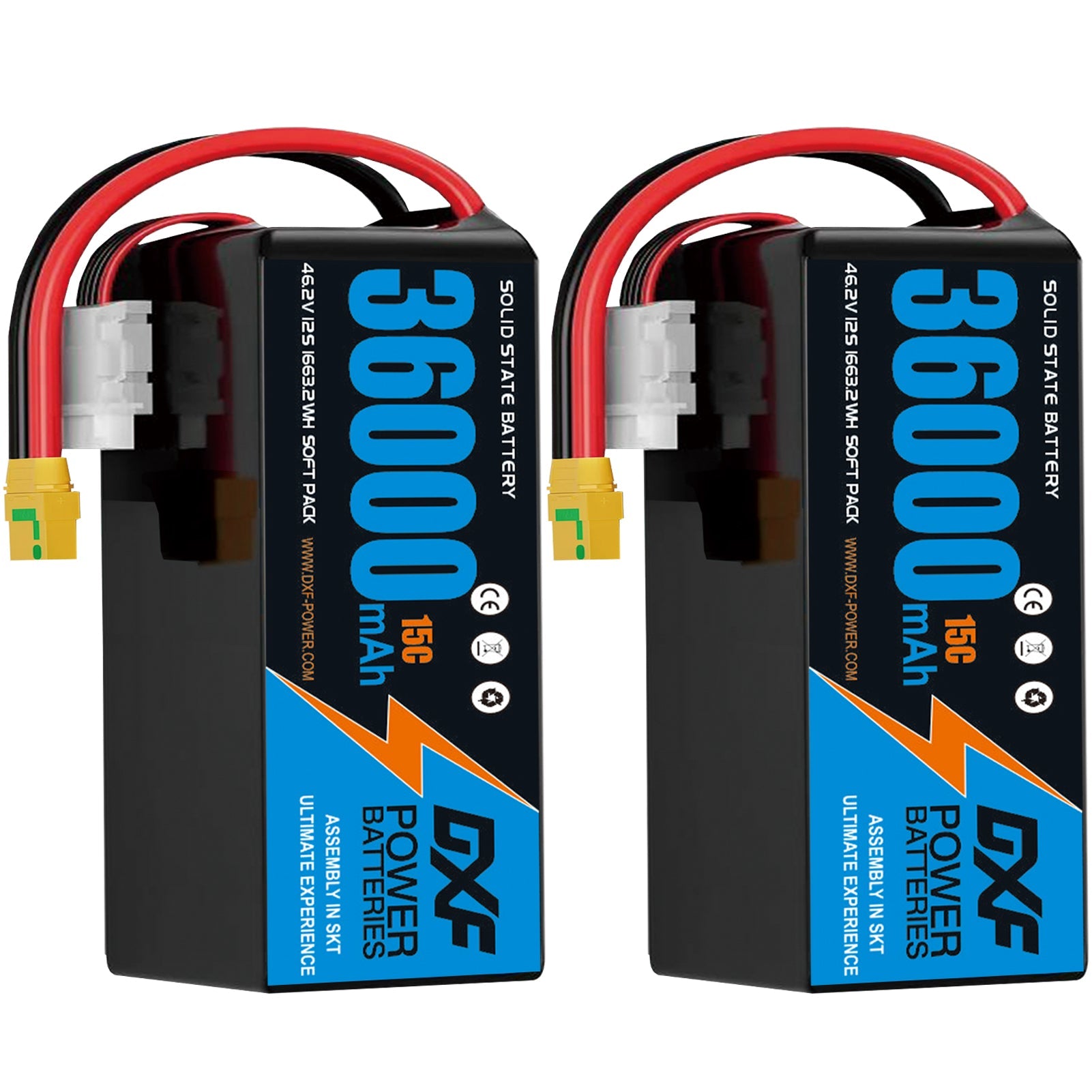 DXF SEMI-SOLID 12S 46.2V 36000mAh 15C Soft Case LiPo Battery with 8AWG Wire for Toy Cars, Boats, UAVs & Drones (1-6 Pack)
