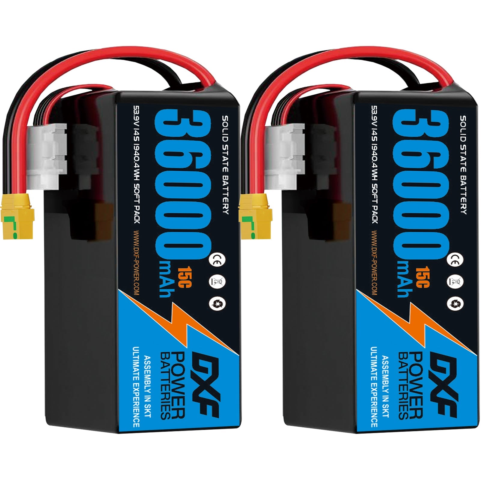 DXF SEMI-SOLID 14S 53.9V 36000mAh 15C Soft Case LiPo Battery with 8AWG Wire for Toy Cars, Boats, UAVs & Drones (1-6 Pack)