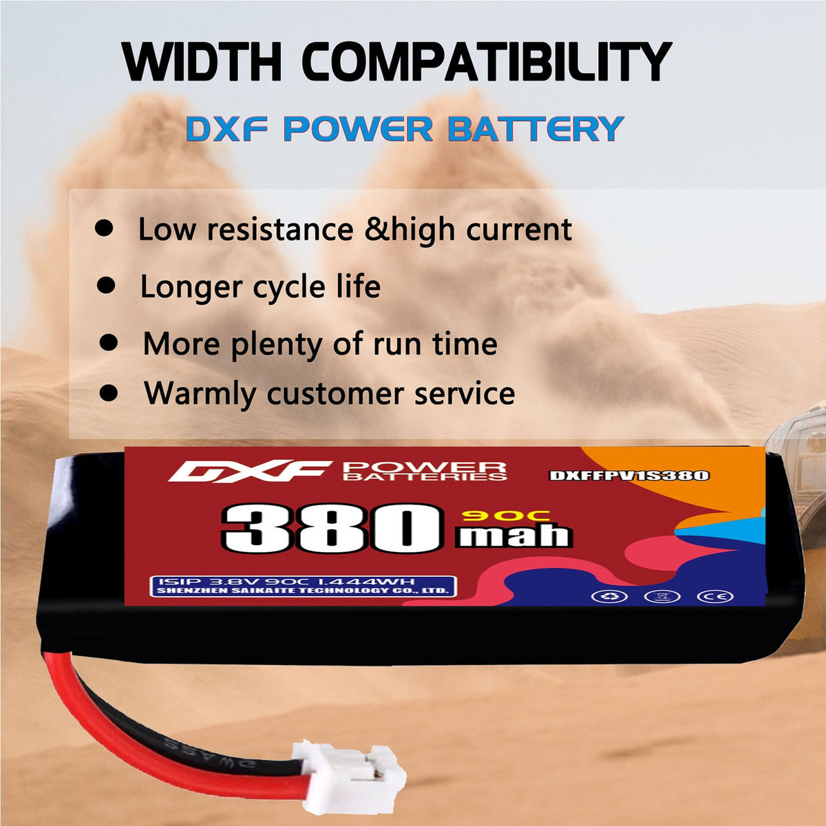 DXF 1S 3.8V 380mAh 90C LiPo Battery for FPV Micro Drones (PH2.0 / JST / XT30 / SM / XT60 / EC5 / XT90 Options)