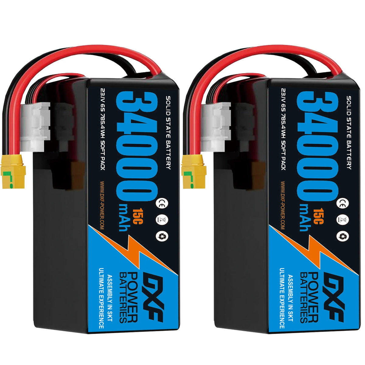 DXF 6S 23.1V 34000mAh 15C Soft Case LiPo Battery with 8AWG Wire for Toy Cars, Boats, UAVs & Drones (1-6 Pack)