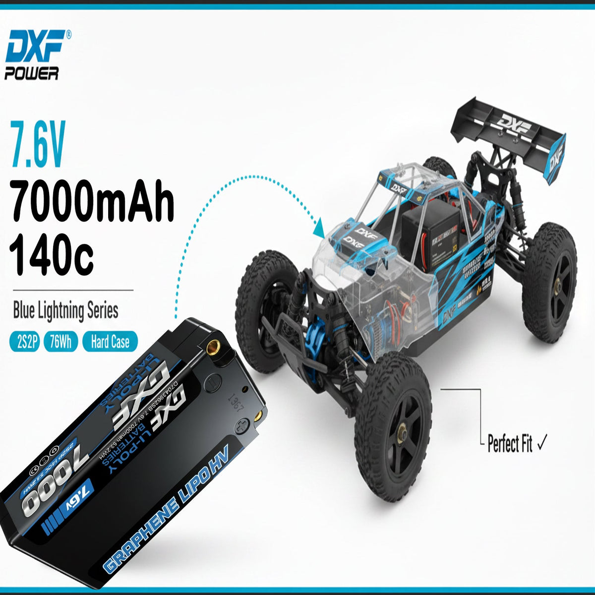 DXF BLUE Series 2S HV 7.6V 7000mAh 140C Graphene 5mm Shorty Hardcase LiPo with Deans/T-Plug (1-6 Pack)