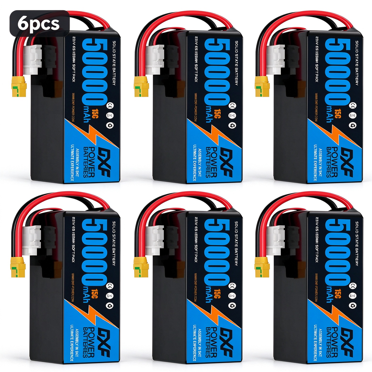DXF 6S 23.1V 50000mAh 15C Soft Case LiPo Battery with 8AWG Wire for Toy Cars, Boats, UAVs & Drones (1-6 Pack)
