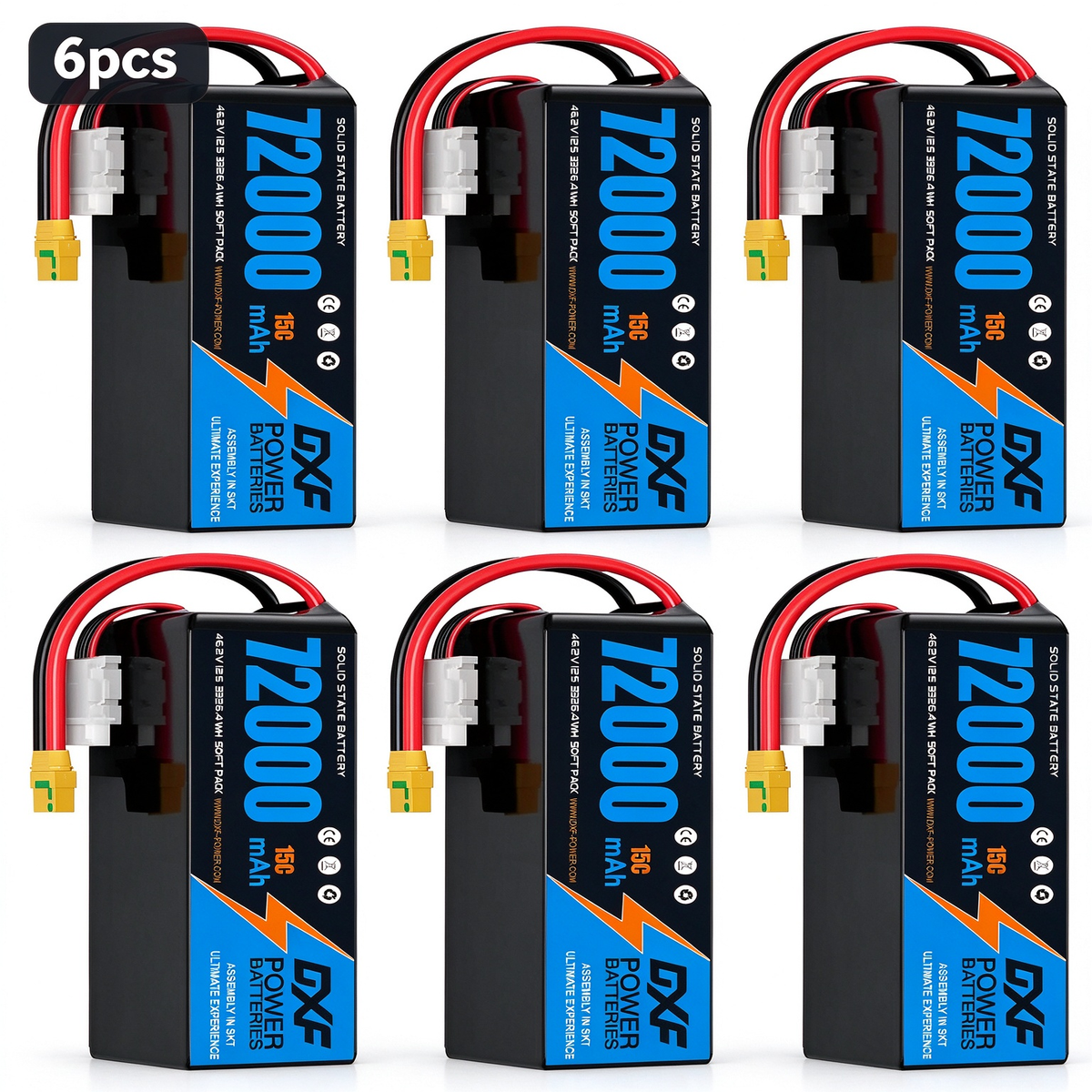 DXF SEMI-SOLID 12S 46.2V 72000mAh 15C Soft Case LiPo Battery with 8AWG Wire for Toy Cars, Boats, UAVs & Drones (1-6 Pack)