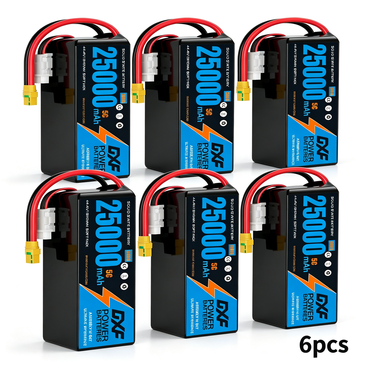 DXF SEMI-SOLID 12S 44.4V 25000mAh 5C Soft Case LiPo Battery with 8AWG Wire for Toy Cars, Boats, UAVs & Drones (1-6 Pack)