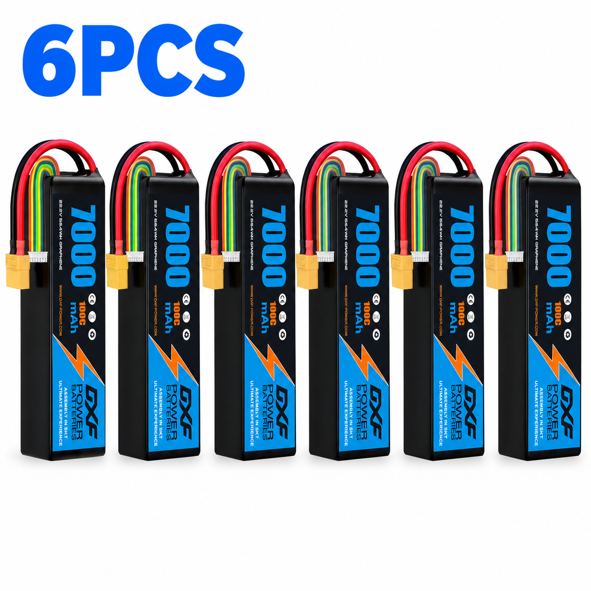DXF 6S 22.2V 7000mAh 100C Softcase LiPo Battery with XT90 & 10AWG Wire for 1/8 RC Cars (1-6 Pack)
