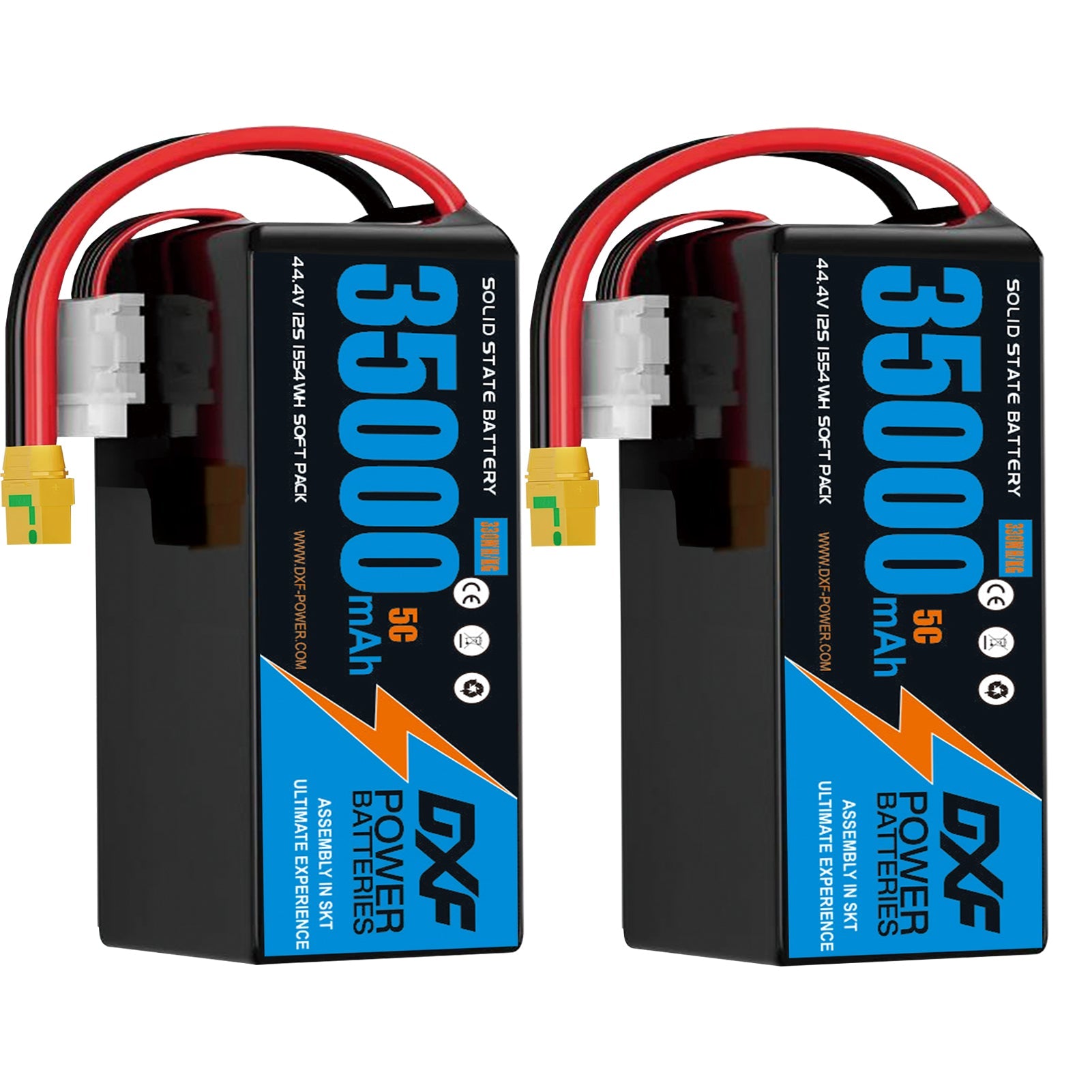 DXF SEMI-SOLID 12S 44.4V 35000mAh 5C Soft Case LiPo Battery with 8AWG Wire for Toy Cars, Boats, UAVs & Drones (1-6 Pack)