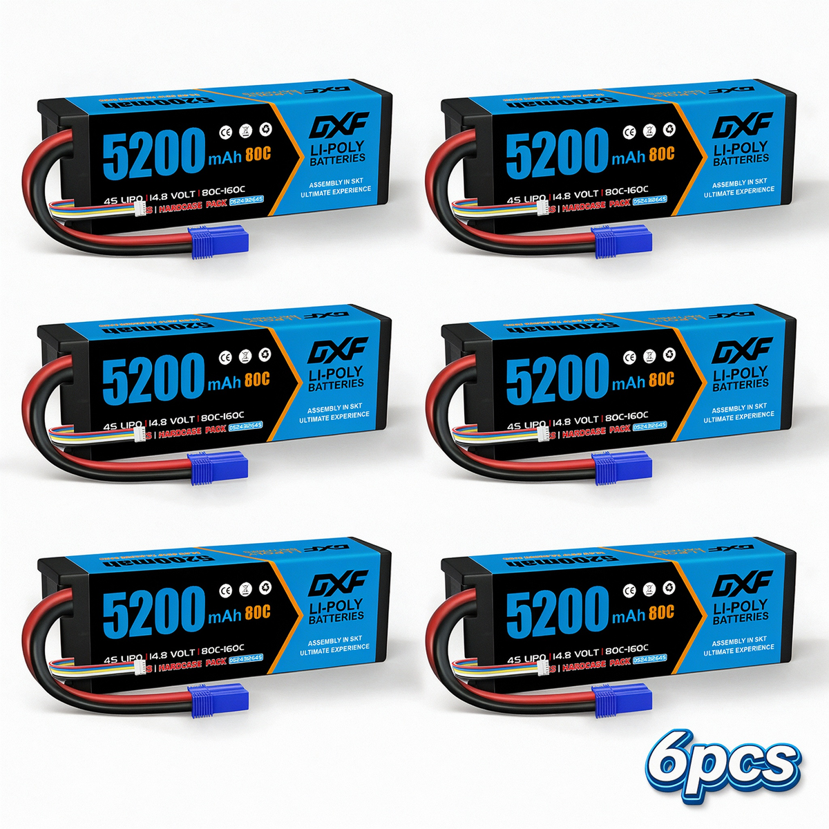 DXF 4S 14.8V 5200mAh 80C BLUE Series Graphene LiPo Hardcase Battery with 10AWG EC5 Plug for 1/8 1/10 RC Car Truck Boat Drone (1-6 Pack Available)